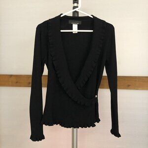 JONES NEW YORK Black Faux Wrap V-Neck Ruffle Ribbed Knit Sweater Sz S
